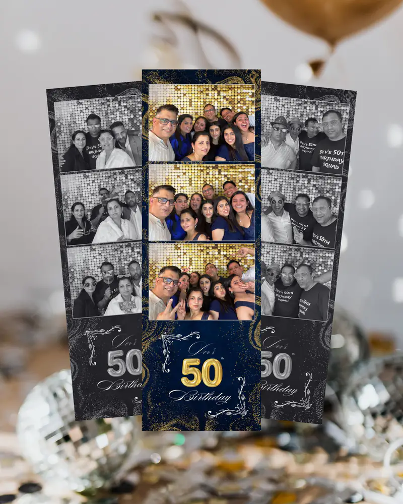 Photo strips from a 50th birthday with a custom gold and navy design